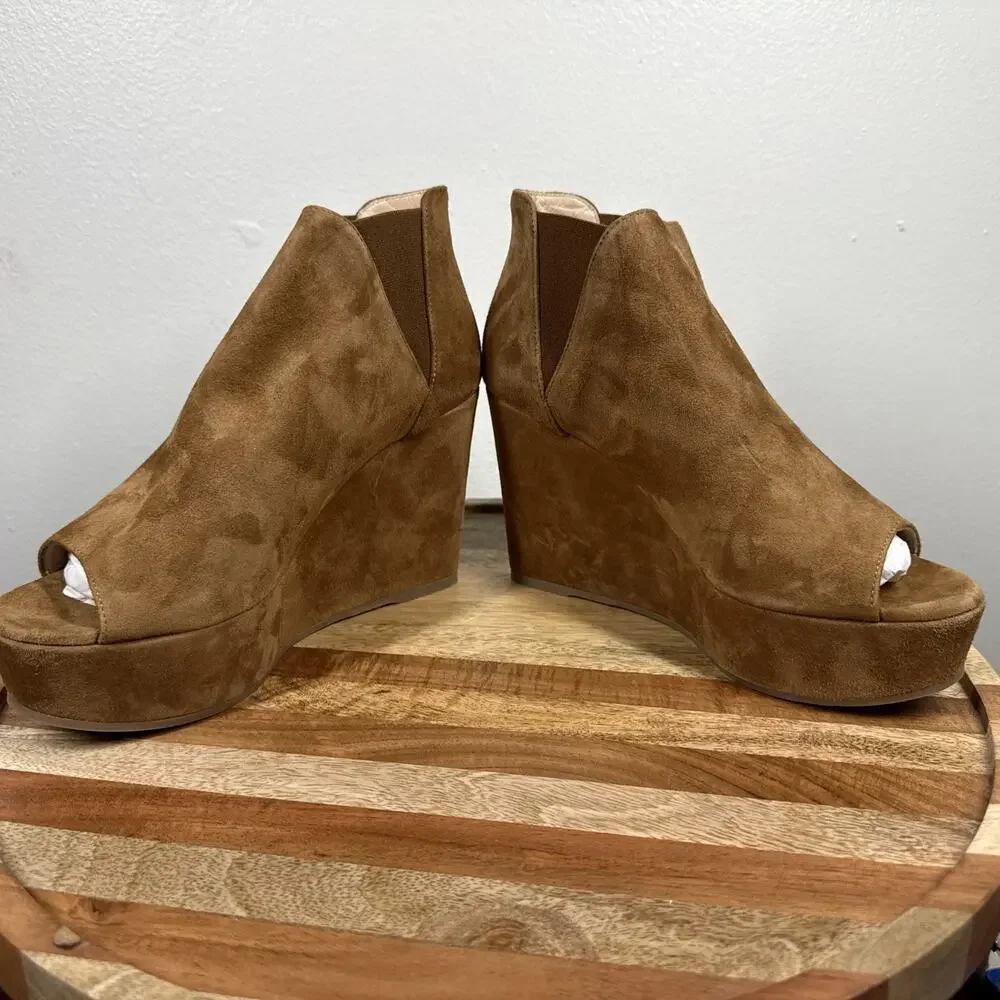 Dee Keller Suede Open Toe Pull On Platform Wedges‎ Caramel Size 38 Italy